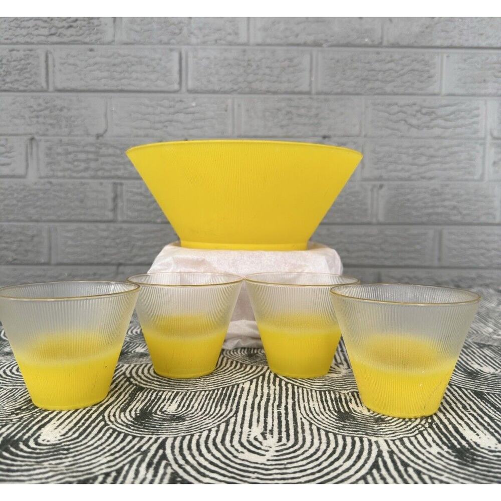 Vintage Blendo Frosted Yellow Glass Set Bowl and 4 Cups West Virginia Glass MCM